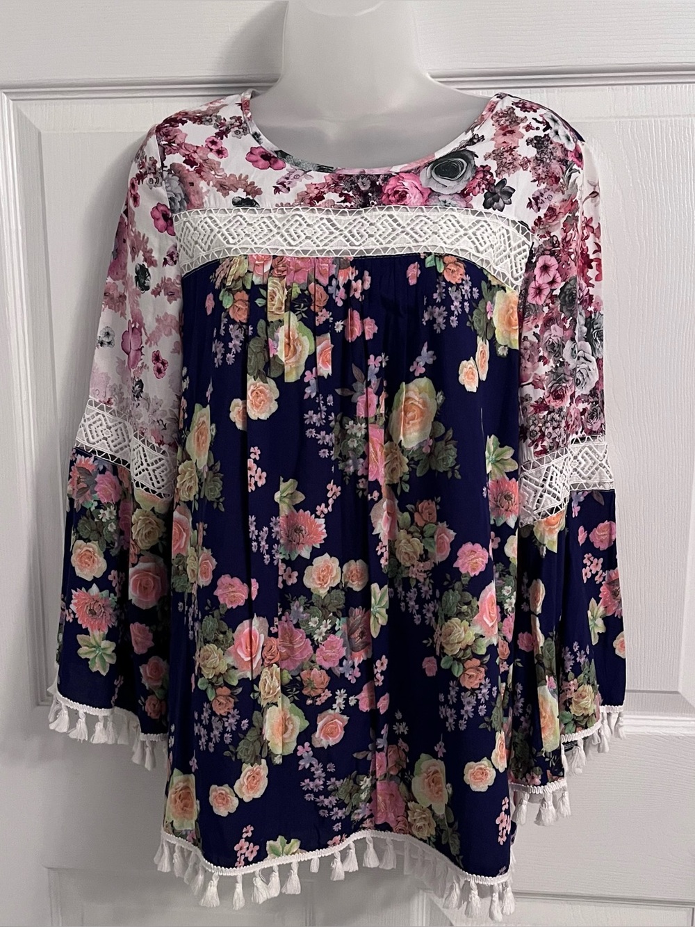 Caleoaa Floral Mixed Print Boho Bell Sleeve Tassel Tunic Top Blouse Size S